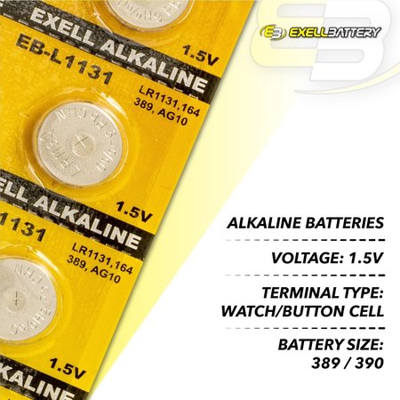 Exell Battery 10pk Exell Alkaline 1.5V Watch Battery Replaces AG10 389 LR54 EB-L1131